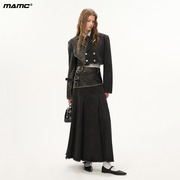 MAMC学院风牛仔拼皮短款外套秋冬季高级设计显瘦高腰长裙套装