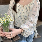 小清新碎花长袖雪纺衬衫夏季女2024年宽松设计感小众别致上衣