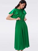 夏季经典绿纯色气质荷叶袖连衣裙