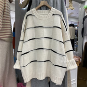 中长款宽松大码套头针织衫，女秋冬加厚圆领，长袖慵懒风大板粗针毛衣