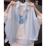韩系蓝色条纹贴钻防晒衣长袖雪纺衫衬衫欧货夏季2024薄外套潮