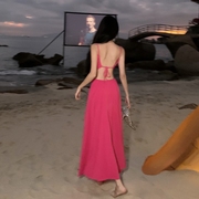 纯欲风辣妹氛围感玫红色露背性感开叉收腰吊带包臀裙度假沙滩长裙
