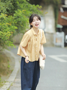 日系黄色格子纯棉短袖衬衫，女夏季设计感小众短款娃娃衫别致上衣