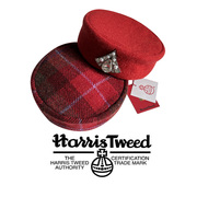 HarrisTweed粗花呢红色格子平顶礼帽英国100%纯羊毛发饰小帽子女
