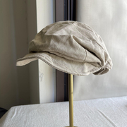 造型贝雷帽亚麻料个性气质浅卡其不对称报童帽子防晒帽透气遮阳帽