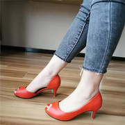 红色中跟鱼嘴凉鞋舒适潮流高跟镂空女鞋百搭单鞋大码鞋结婚鞋