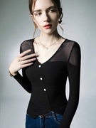 秋季长袖网纱拼接针织打底衫女性感薄款黑色V领今年流行漂亮上衣