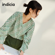 indicia格纹衬衫绿色格子v领长袖上衣女春秋季时尚标记女装