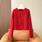 新中式国风双面羊绒大衣女，短款春季高级感红色盘扣羊毛呢外套