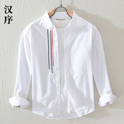 春夏高端彩条刺绣休闲长袖衬衫，男日系复古纯棉，衬衣免烫白色寸