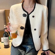 韩版名媛气质羊毛短外套，2022撞色包边，圆领定位鸭绒内里粗花呢大衣