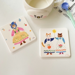 日本插画aikofukawa猫咪，硅藻泥方形杯垫，乡村水彩风小猫隔热餐垫