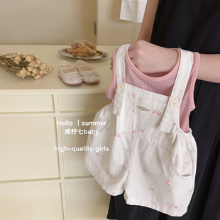 韩版童装女童夏装套装2024洋气时髦碎花背带短裤宝宝两件套