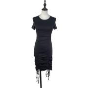 C3006外贸圆领抽绳褶皱修身性感短袖女连衣裙个性时尚包臀裙短裙