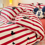 迪士尼纯棉四件套卡通全棉，米奇条纹被套床，单人儿童床上用品三件套