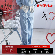 XG雪歌灰蓝色宽松运动休闲裤2023秋季系带收腰简约直筒裤女装