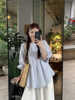 大码微胖妹妹夏季韩版甜美蓝色泡泡袖衬衫+白色半身裙套装女