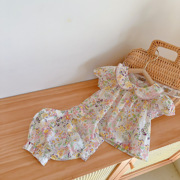 韩女童(韩女童)宝宝公主，薄款套装婴儿哈衣夏季法式碎花娃娃领短袖衬衫短裤