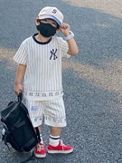 ins夏季韩版运动男女童棒球服条纹圆领短袖短裤两件套装
