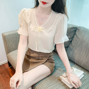 短袖雪纺衬衫女2024年韩版夏季宽松v领气质，纯色衬衣小衫上衣