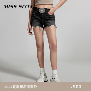misssixty2024夏季牛仔短裤女复古磨破烂设计高腰，显瘦黑灰色