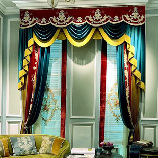 美式发誓高档绒布绣花拼色窗帘，定制成品客厅高窗，卧式红绿黄棕拼接