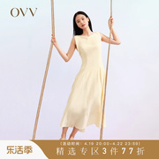 OVV2023春夏女装桑蚕丝混纺优雅一字领A字版型无袖连衣裙