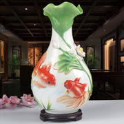 景德镇陶瓷器花瓶摆件法兰瓷浮雕荷花金鱼客厅时尚创意工艺装饰品