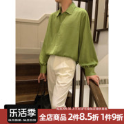 阿茶与阿古玉盏绿色缎面，衬衫男长袖，夏季薄款慵懒风宽松休闲衬衣