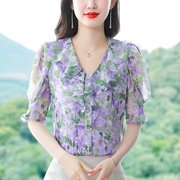 紫色法式荷叶边雪纺衫女夏季2024年洋气，减龄上衣漂亮短袖小衫