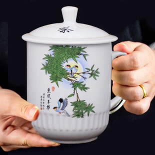 大容量陶瓷带盖大茶杯1600毫升特大号霸王杯凉水杯景德镇泡茶杯