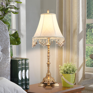 美式全铜床头灯欧式奢华台灯法式水晶灯卧室复古提花布艺吊坠灯具