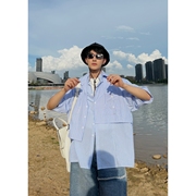 BANGBOY夏季蓝色条纹衬衫男短袖小众设计感拼接休闲五分袖衬衣ins
