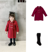 annagirl女童ins英伦羊毛呢子，大衣中长款宝宝酒，红色新年加厚外套