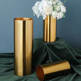 欧式圆筒金属电镀花瓶，摆件客厅样板房金色铁艺，插花器轻奢软装饰品