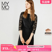 MYMO朗黛 秋装年气质显瘦黑色蕾丝圆领连衣裙M3L604I