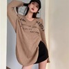 韩版原宿风简约字母印花设计胖mm300斤特大码春秋圆领开叉T恤女款