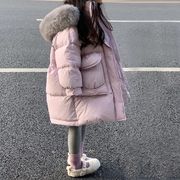 2023加厚保暖外套女童韩版大毛领，连帽棉服儿童中长款时尚棉衣