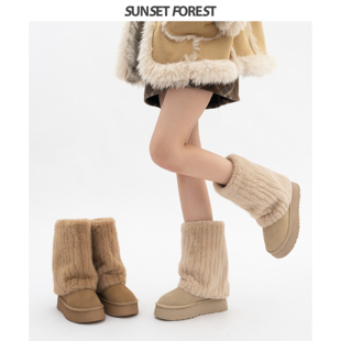 落日森林冰岛雪地靴女冬季真皮，中筒裤管毛毛，靴子短靴棉鞋厚底加绒