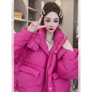 玫红色羽绒棉服冬季女2023设计师时尚，小香风立领面包服厚外套
