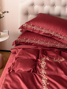 高端欧式风浪漫婚庆100支全棉四件套大红色，刺绣结婚被套床上用品