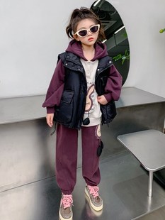 女童加绒套装2023韩版中大童网红洋气连帽卫衣卫裤马甲三件套