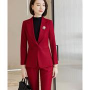 红色西装新外套(新外套)女秋冬装款修身气感质，8989休闲西垂服职业套装套裤