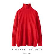 男女红色粗坑条重磅山羊绒粗棒针织，加厚短高领，毛衣衫(毛衣衫)