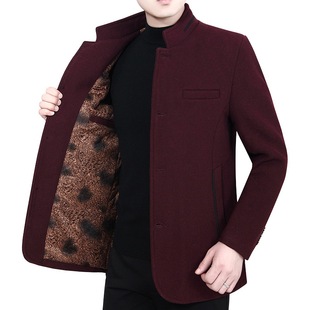 2023秋冬季中年男士，加绒加厚羊毛呢子夹克，本命年红色外套中山装新