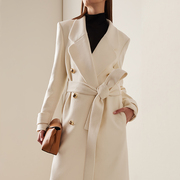 女装纯色羊毛呢大衣白色，长款风衣系带双排扣外套秀场款尖货
