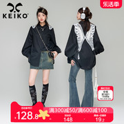 keiko刺绣蝴蝶花黑色长袖衬衫，女2024春夏设计感小众韩版宽松上衣