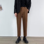 咖啡色毛呢西裤男秋冬季修身潮流，宽松直筒休闲裤，男士高端小脚裤子