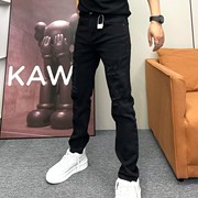 黑色破洞补丁牛仔裤男修身小脚秋季新款韩版时尚百搭显瘦休闲裤子