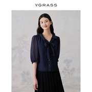 vgrass法式蝴蝶领结艺术，衬衫女夏季蓝色泡泡袖上衣vsc2o24260